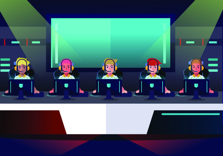 E sport tournament, team playing game. Game arena background. Vector illustration
